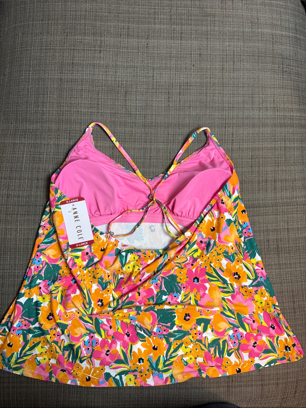 NWT Anne Cole Bright Floral V-Neck Spaghetti Strap Tankini Swim Top sz XL - Picture 7 of 8